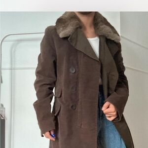 Brown Trench Coat with Fur Collar and Wool Blend